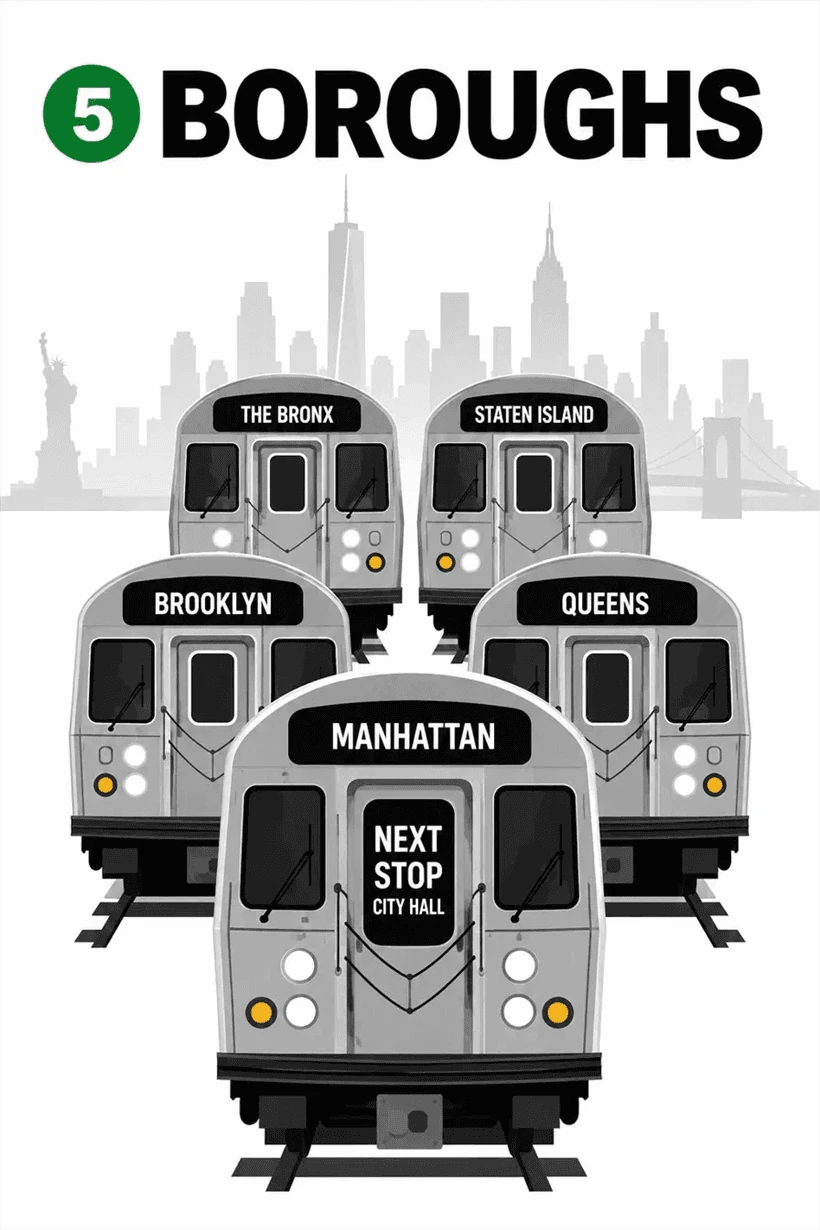5 BOROUGHS key art — five subway trains, next stop City Hall